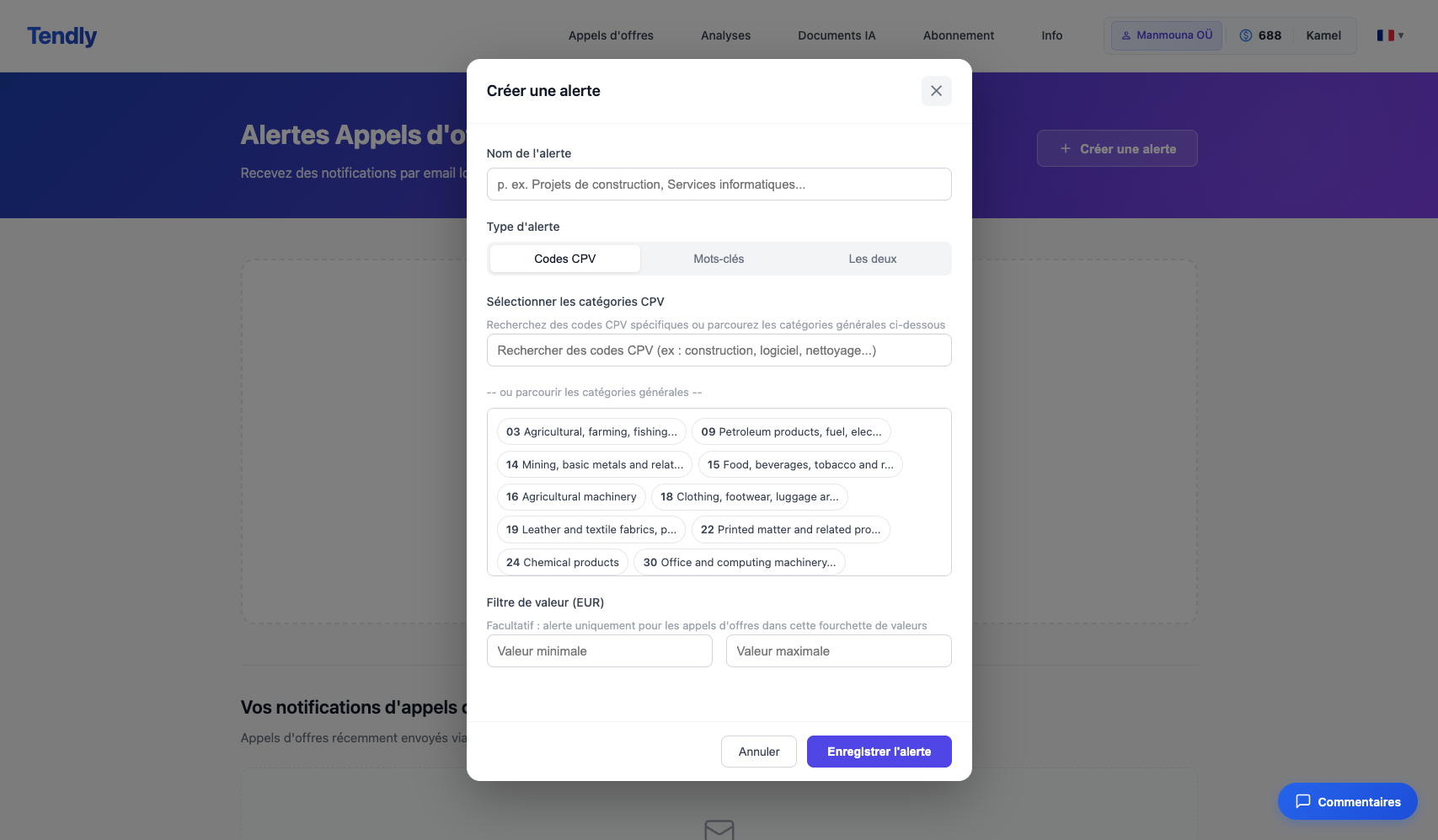 Configurer les alertes d'appels d'offres