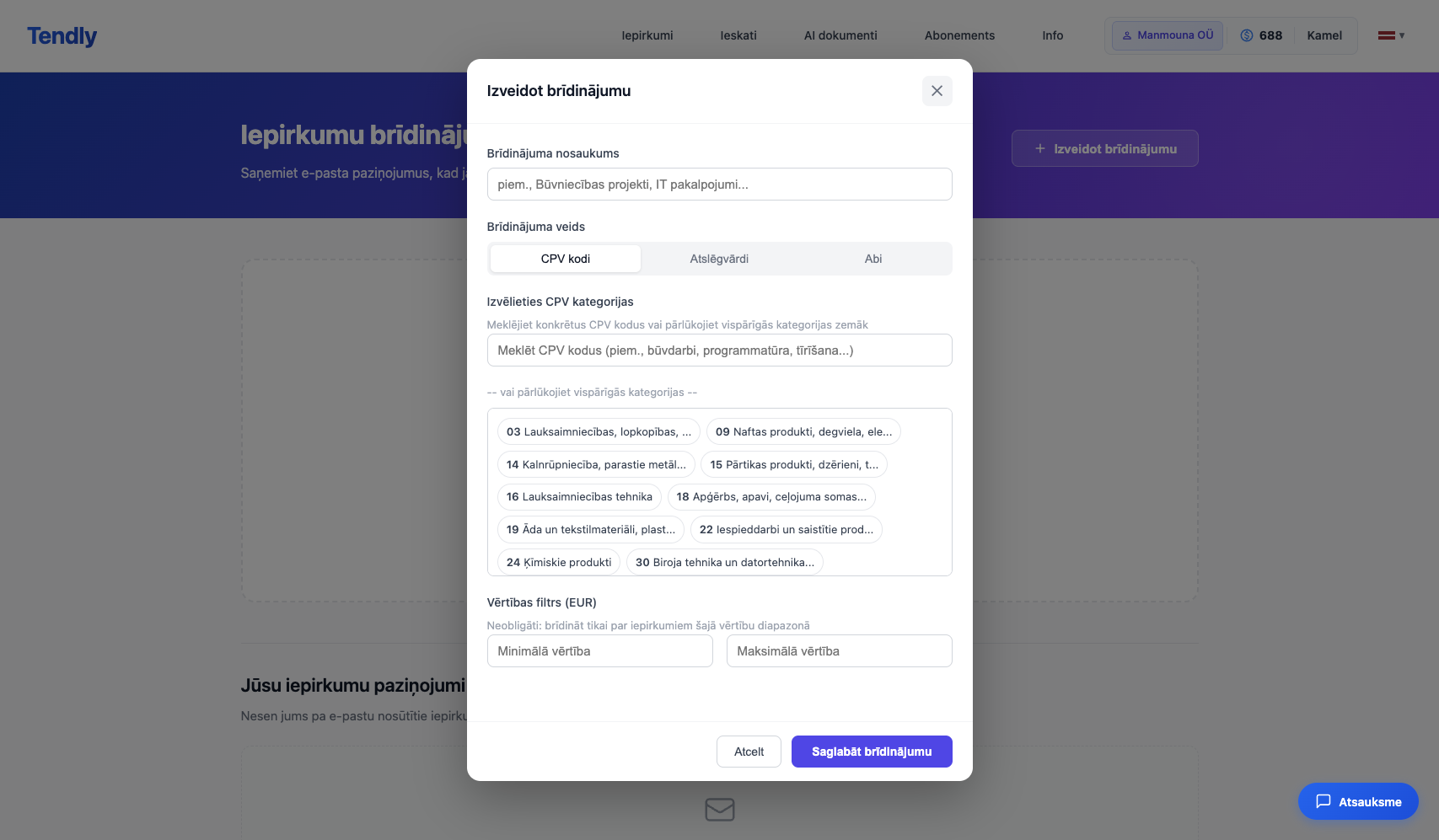 Iepirkumu brīdinājumu iestatīšana