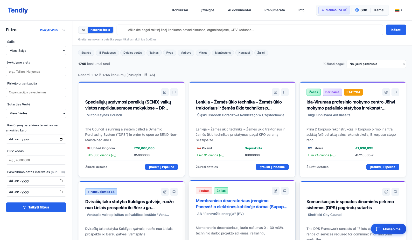 Konkursų naršymas ir filtravimas