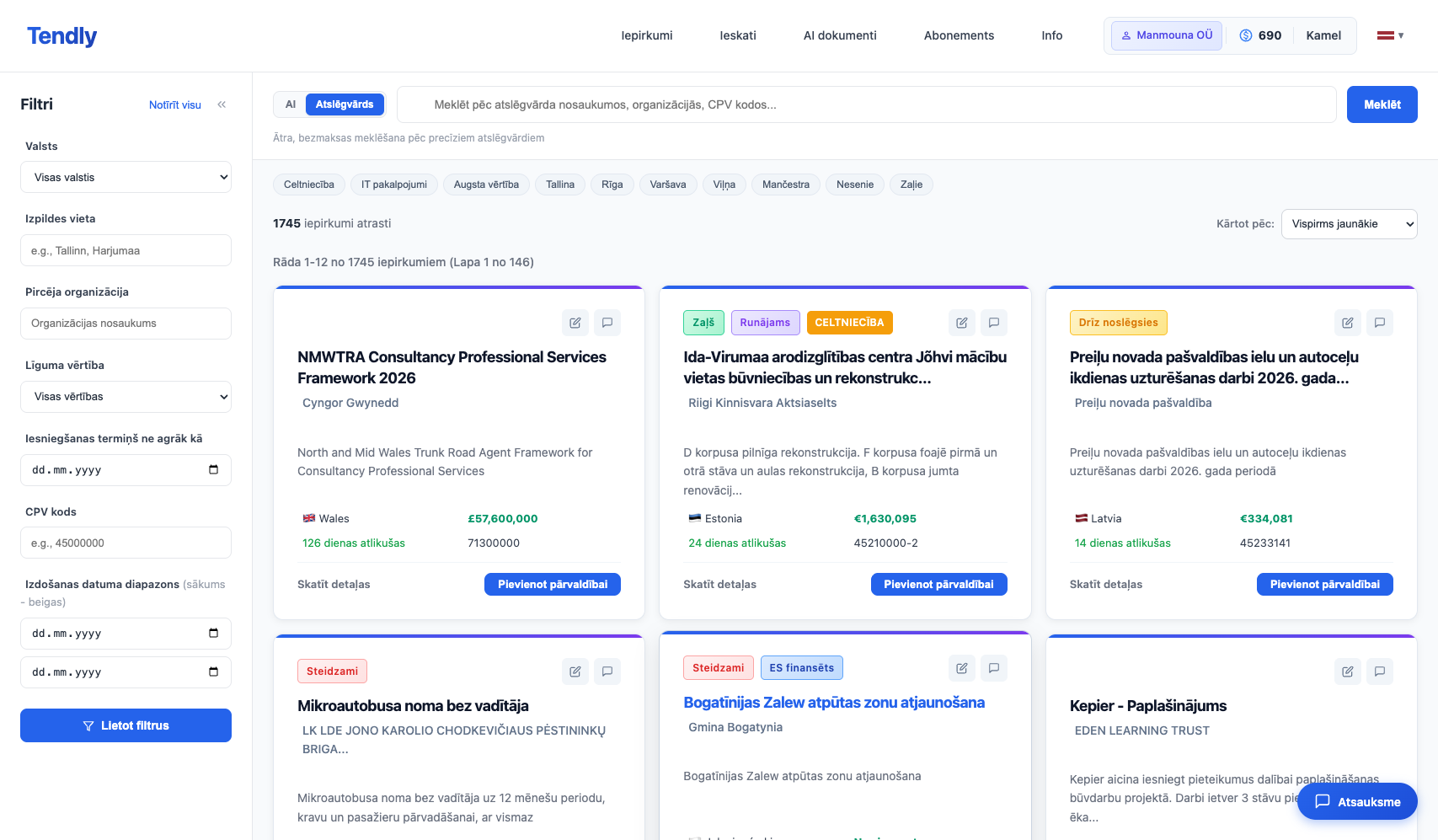 Iepirkumu pārlūkošana un filtrēšana