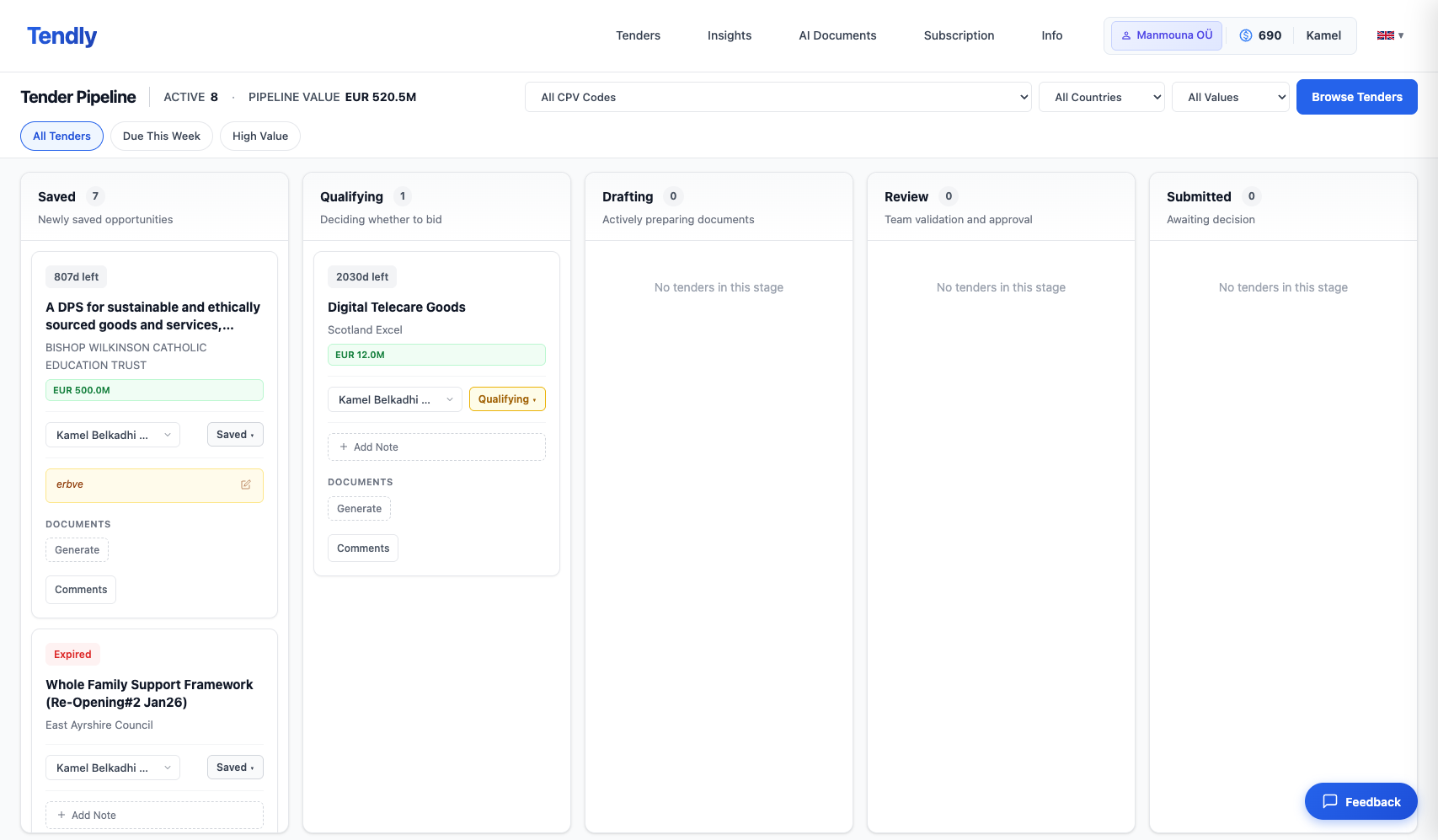 Saving & Tracking Tenders
