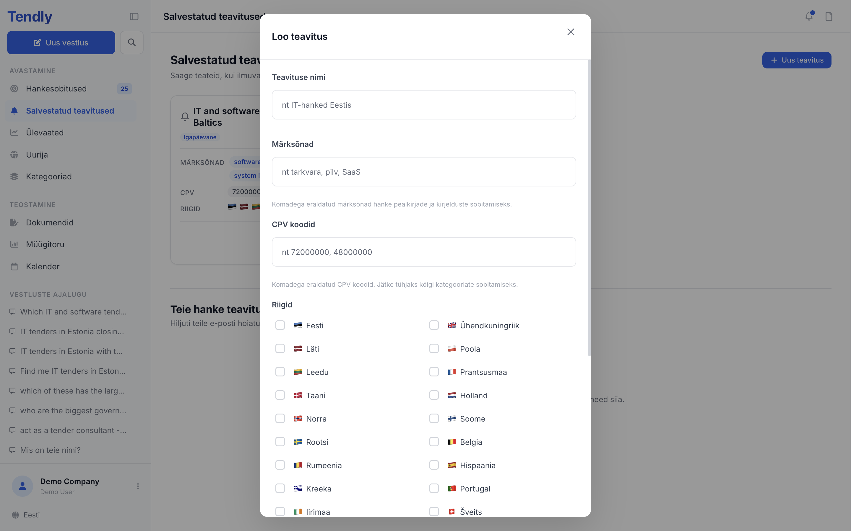Salvestatud teavitused — alerts create