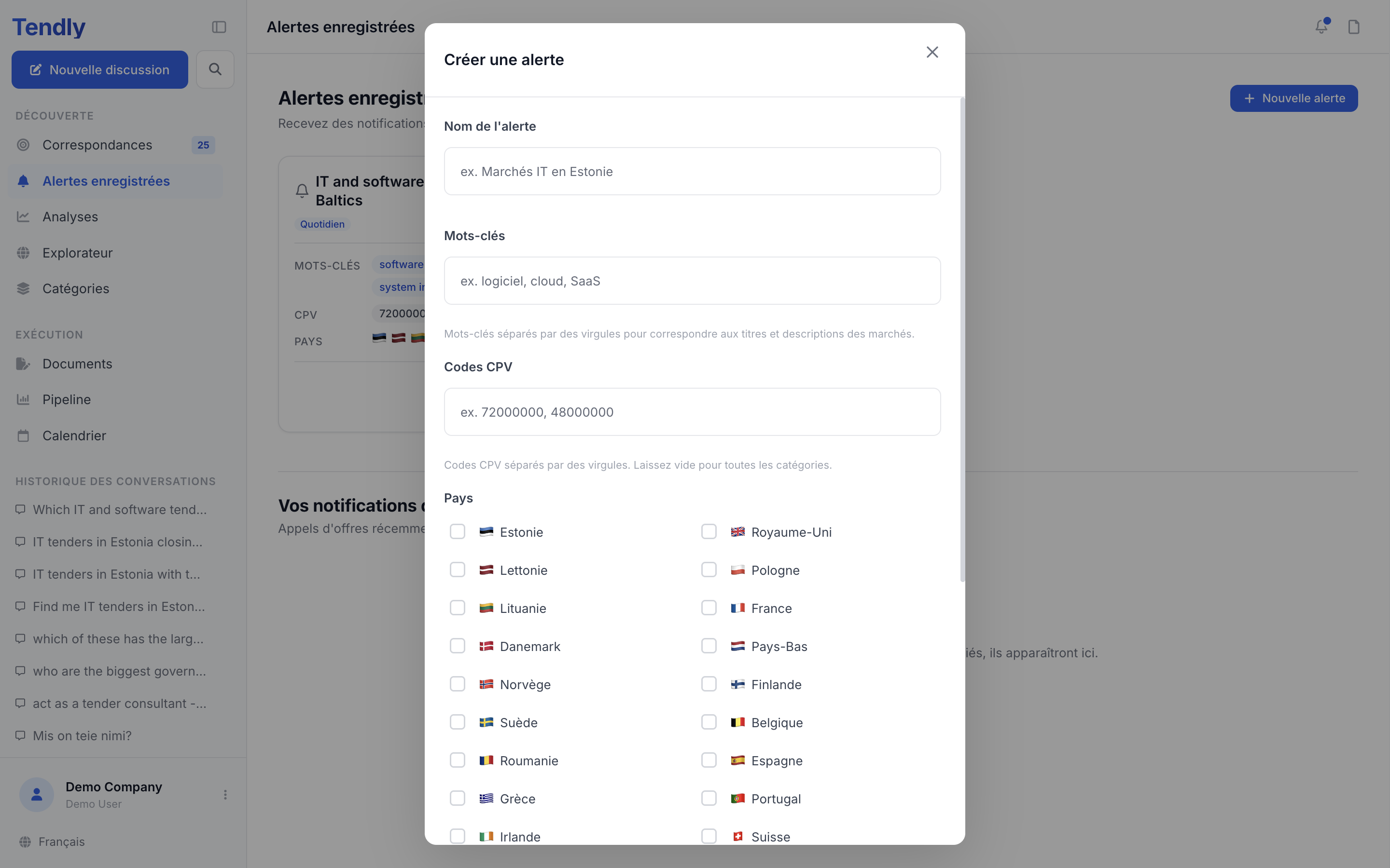 Alertes enregistrées — alerts create
