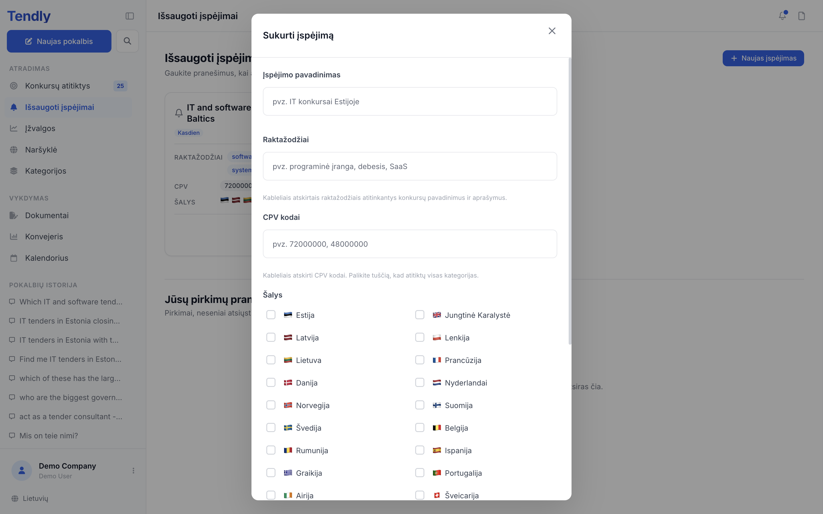 Išsaugoti įspėjimai — alerts create