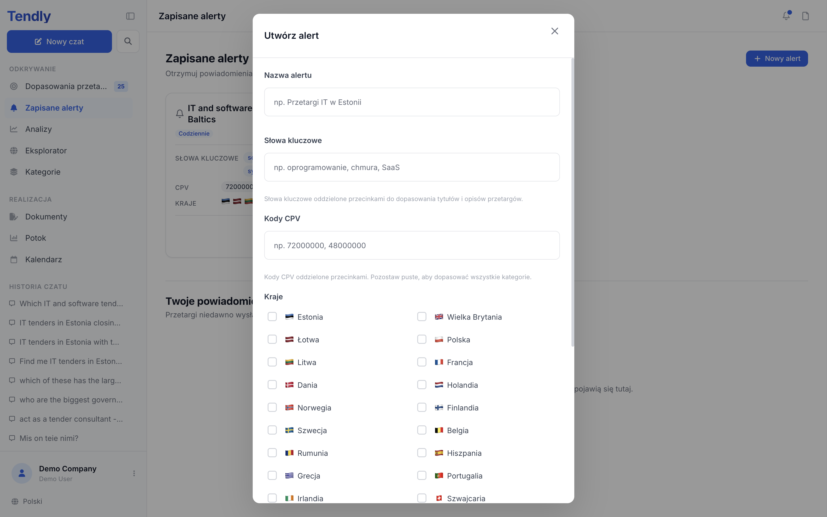Zapisane alerty — alerts create