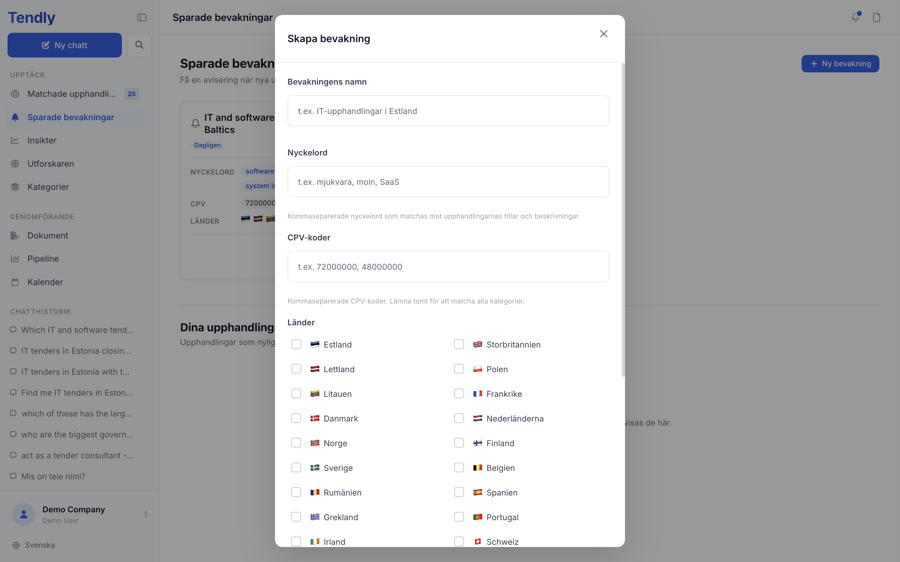Sparade bevakningar — alerts create