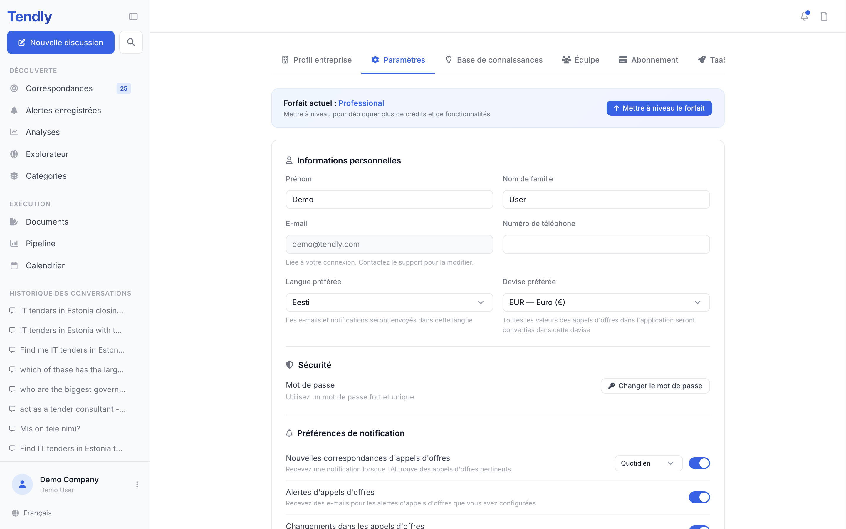 Paramètres du compte — settings