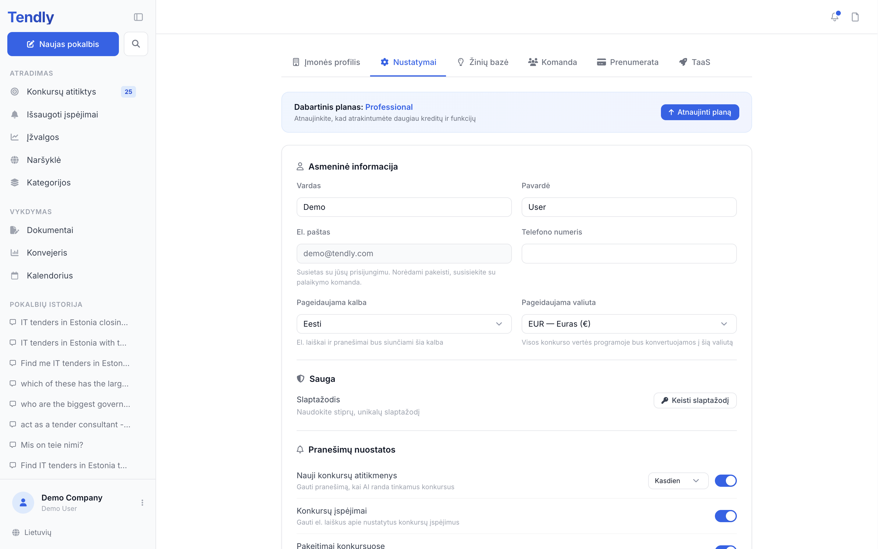 Paskyros nustatymai — settings